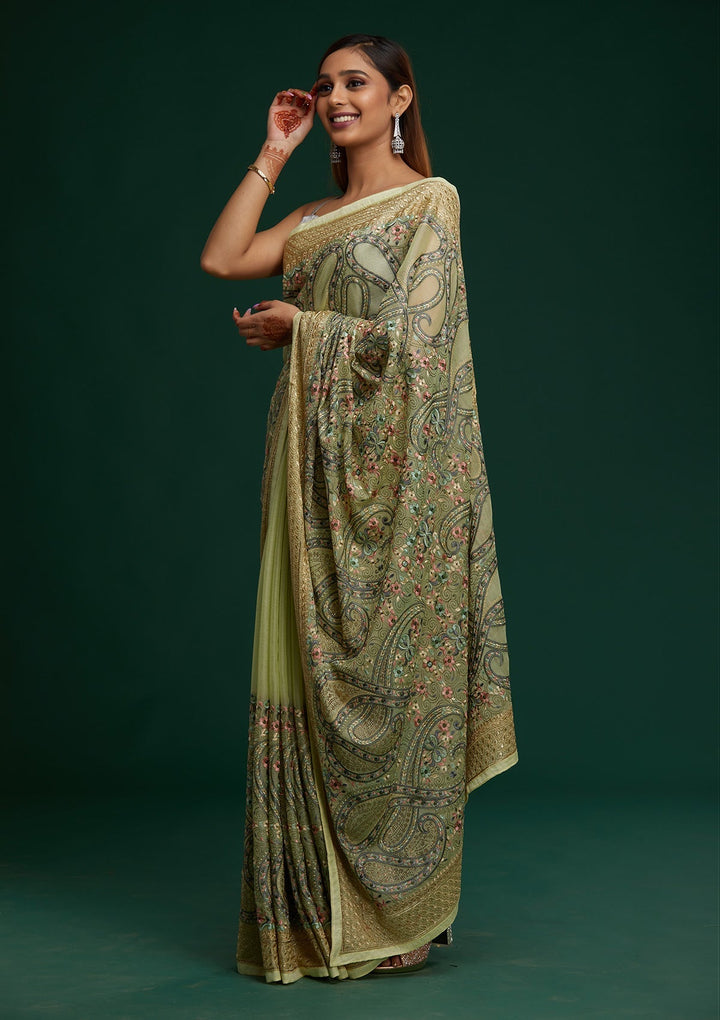 Pista Green Threadwork Georgette Saree - Koskii