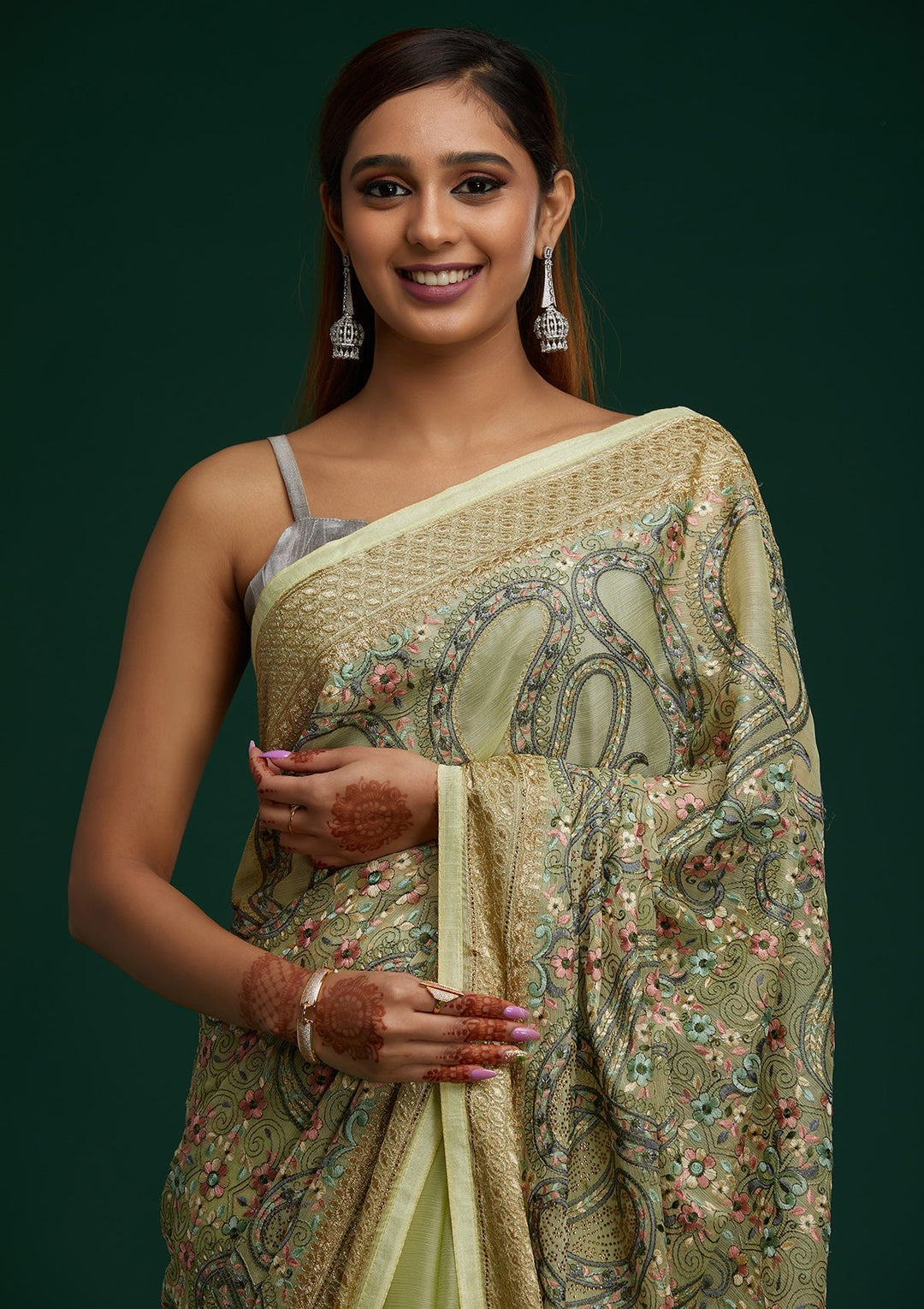 Pista Green Threadwork Georgette Saree - Koskii