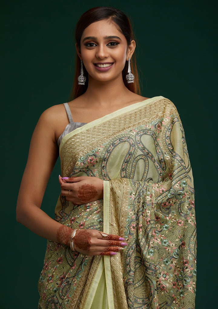 Pista Green Threadwork Georgette Saree - Koskii