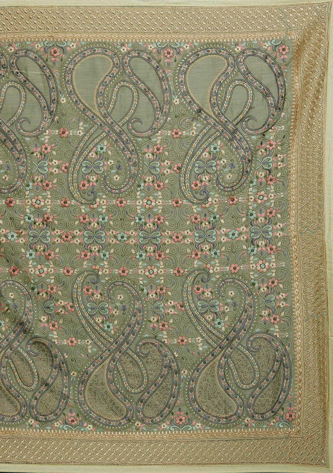 Pista Green Threadwork Georgette Saree - Koskii