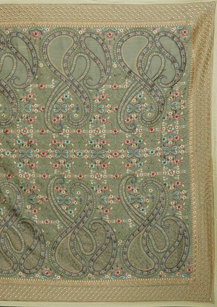 Pista Green Threadwork Georgette Saree - Koskii