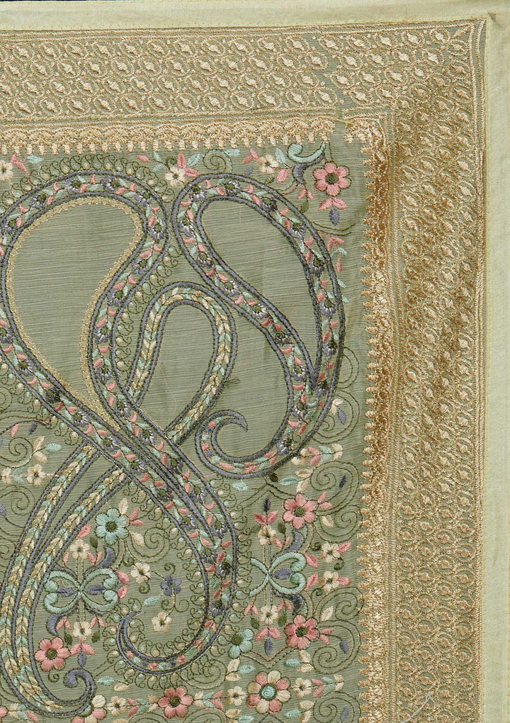 Pista Green Threadwork Georgette Saree - Koskii