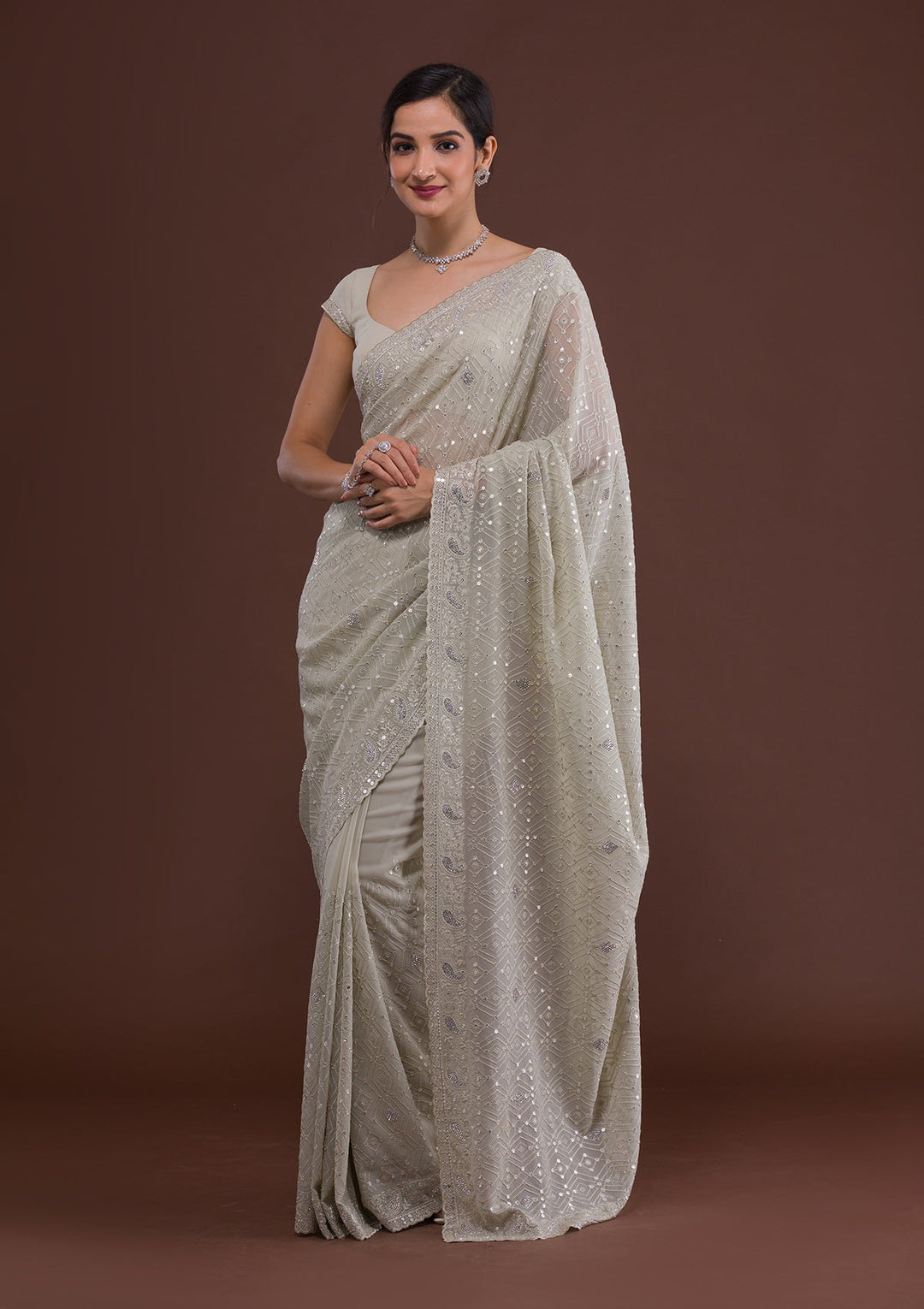 Pista Green Threadwork Georgette Designer Saree-Koskii