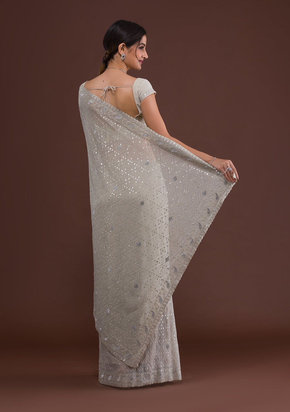Pista Green Threadwork Georgette Designer Saree-Koskii