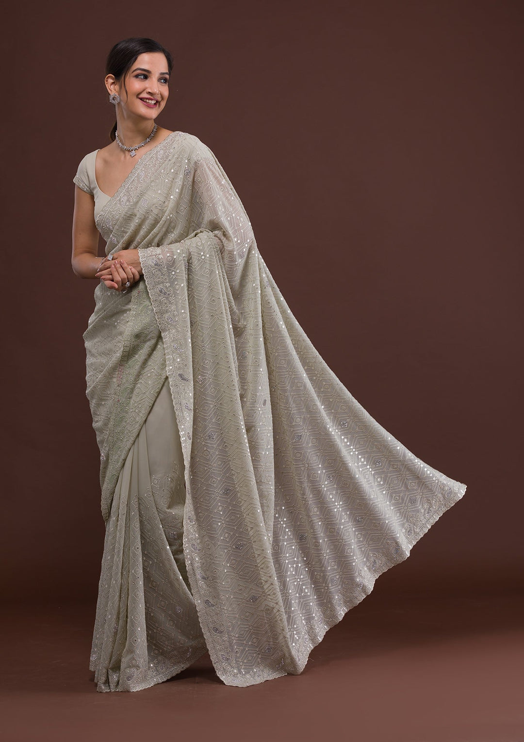 Pista Green Threadwork Georgette Designer Saree-Koskii