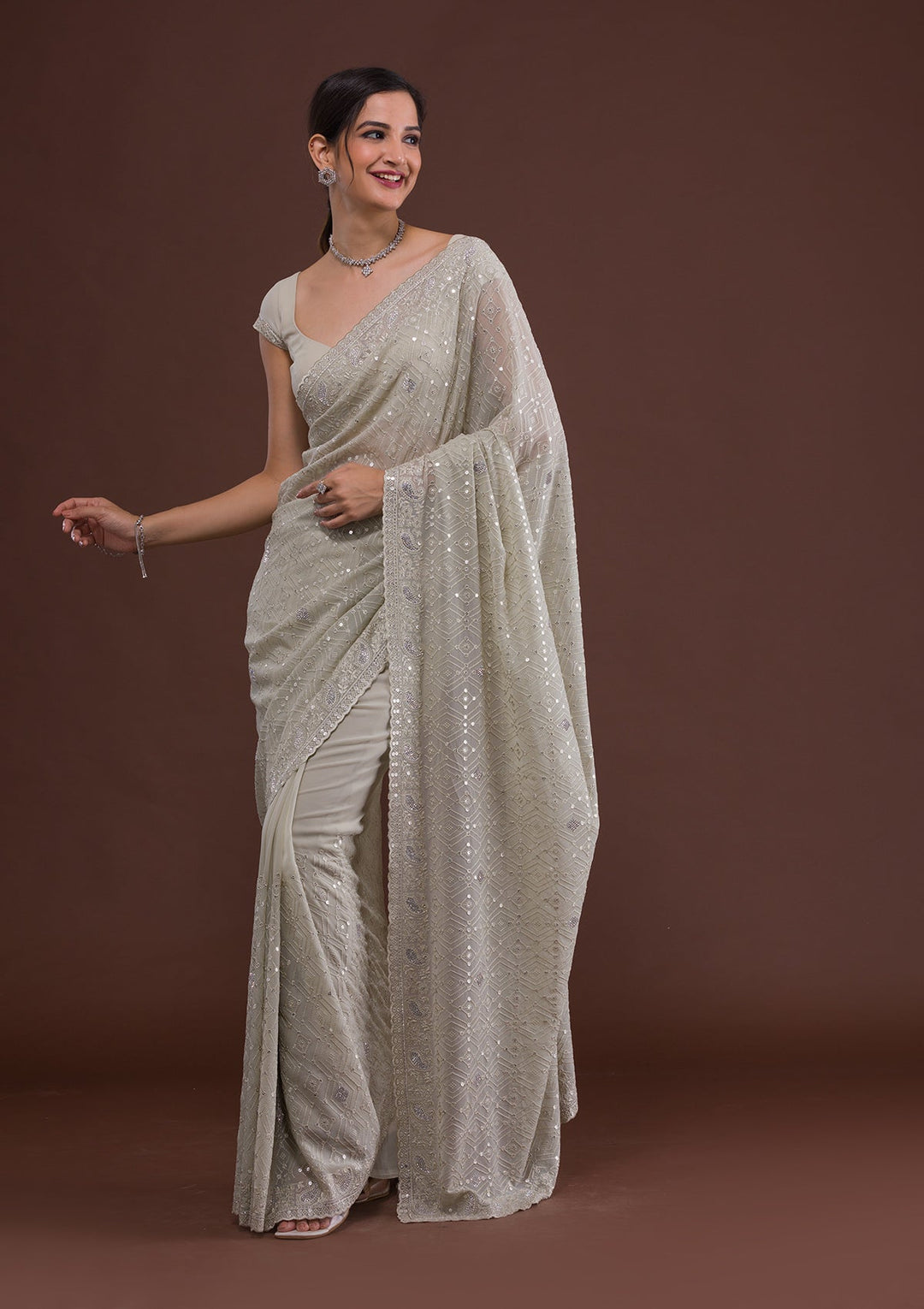 Pista Green Threadwork Georgette Designer Saree-Koskii
