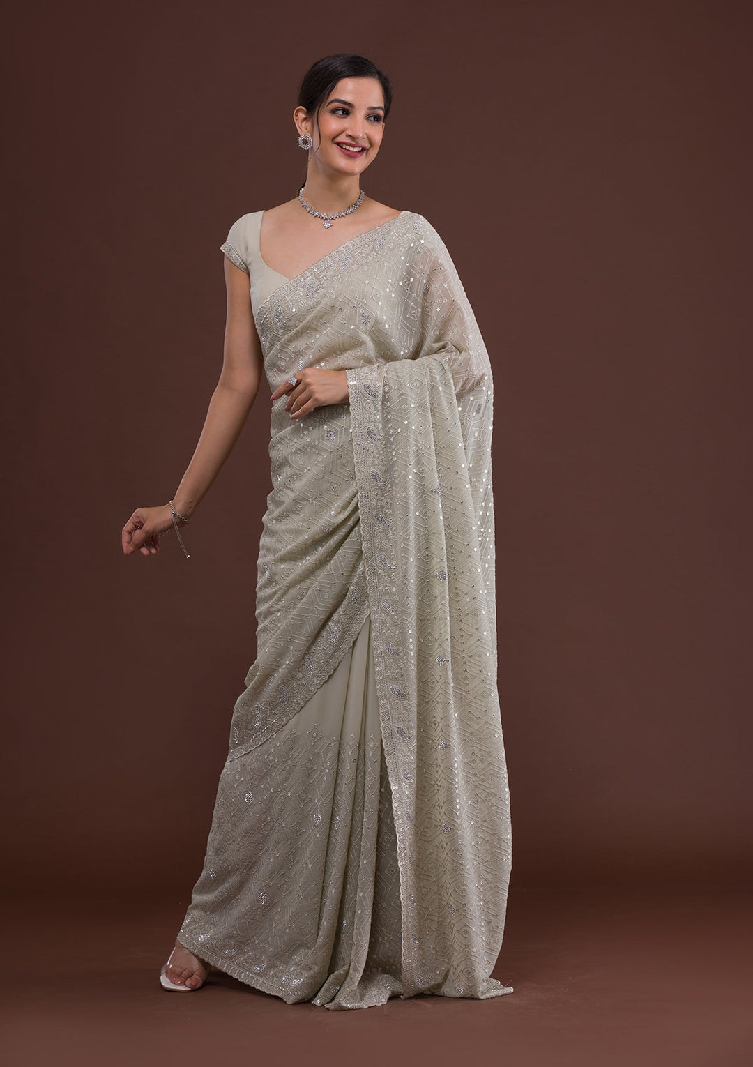 Pista Green Threadwork Georgette Designer Saree-Koskii