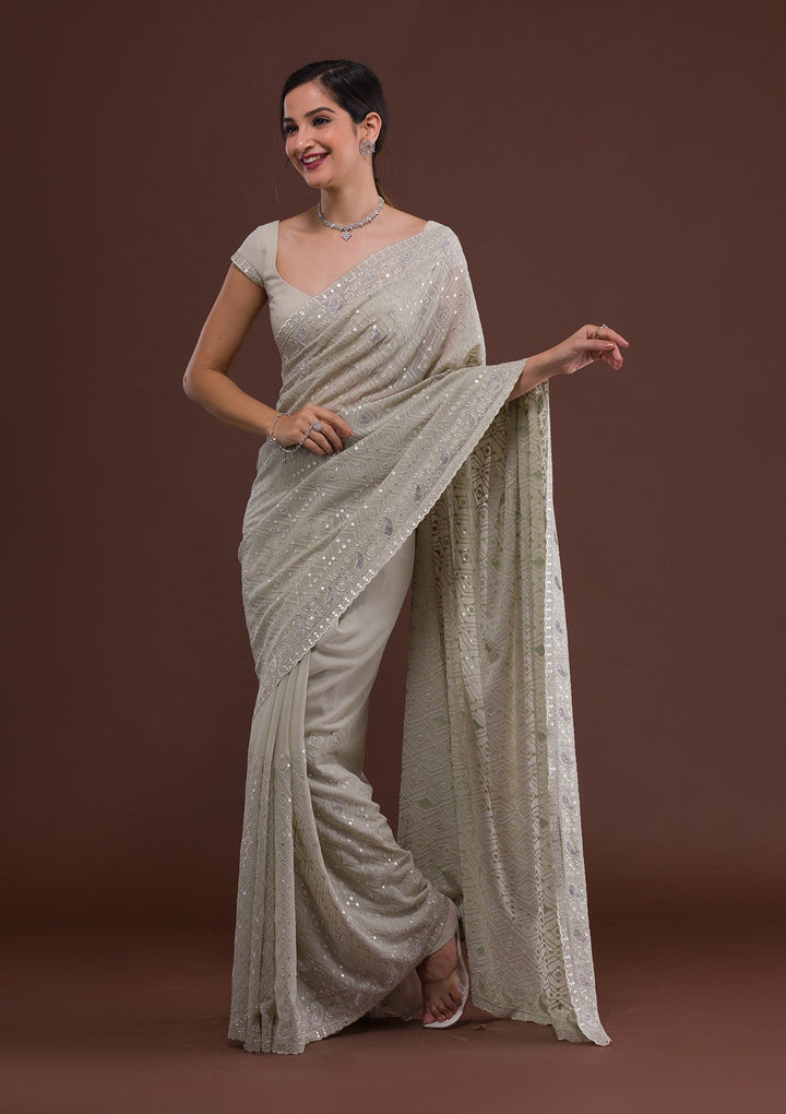 Pista Green Threadwork Georgette Designer Saree-Koskii