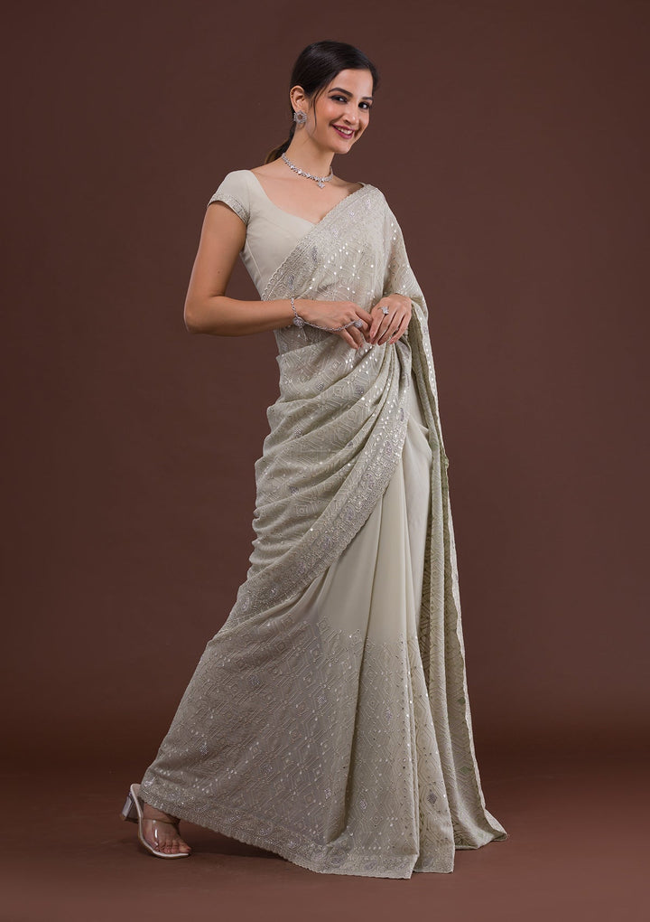 Pista Green Threadwork Georgette Designer Saree-Koskii