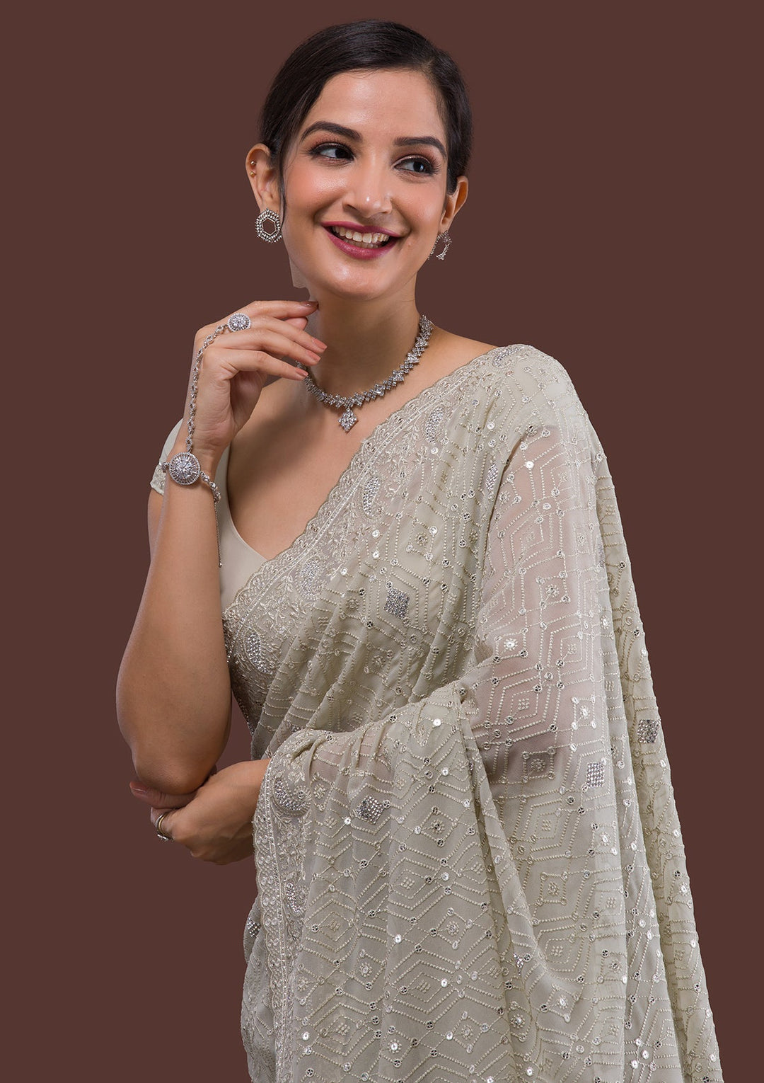 Pista Green Threadwork Georgette Designer Saree-Koskii