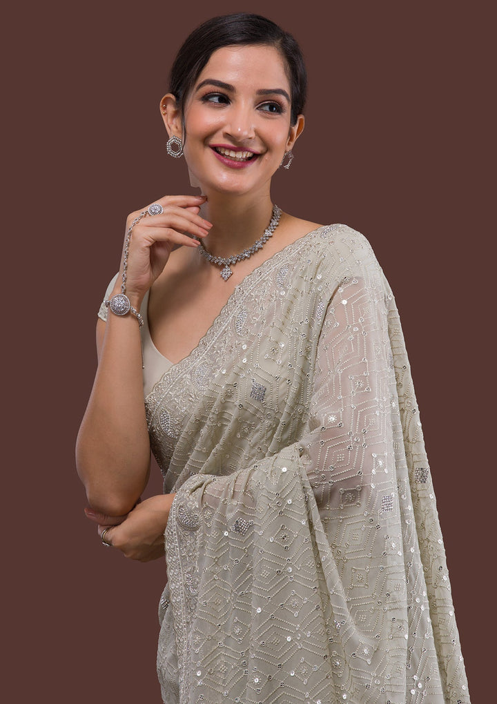 Pista Green Threadwork Georgette Designer Saree-Koskii