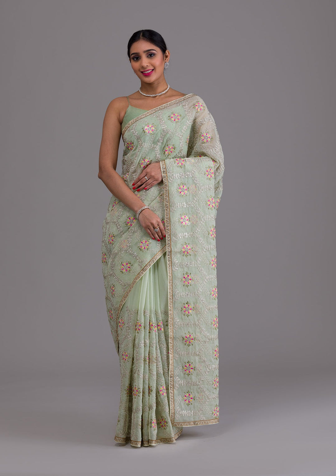 Pista Green Threadwork Georgette Saree-Koskii