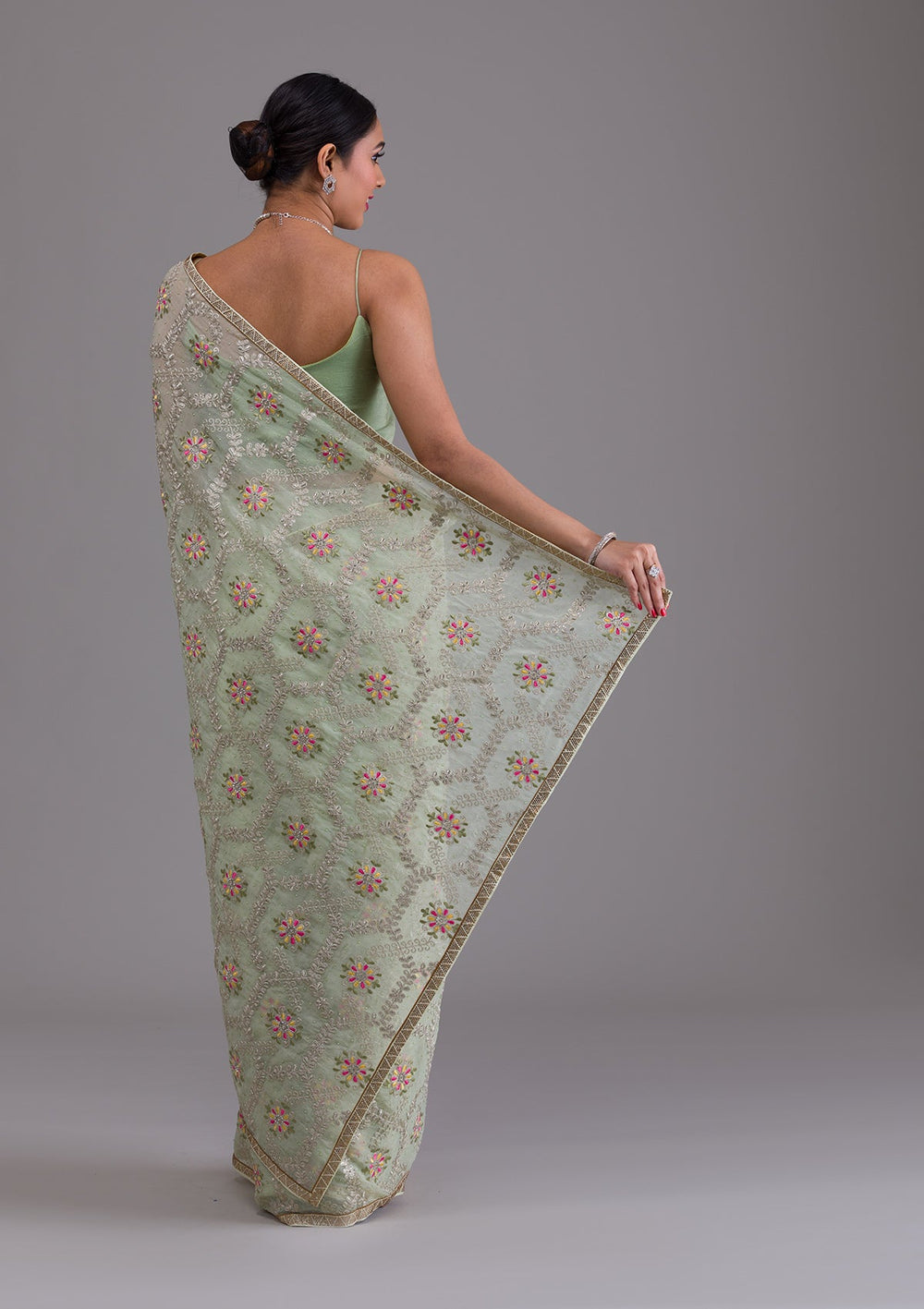 Pista Green Threadwork Georgette Saree-Koskii