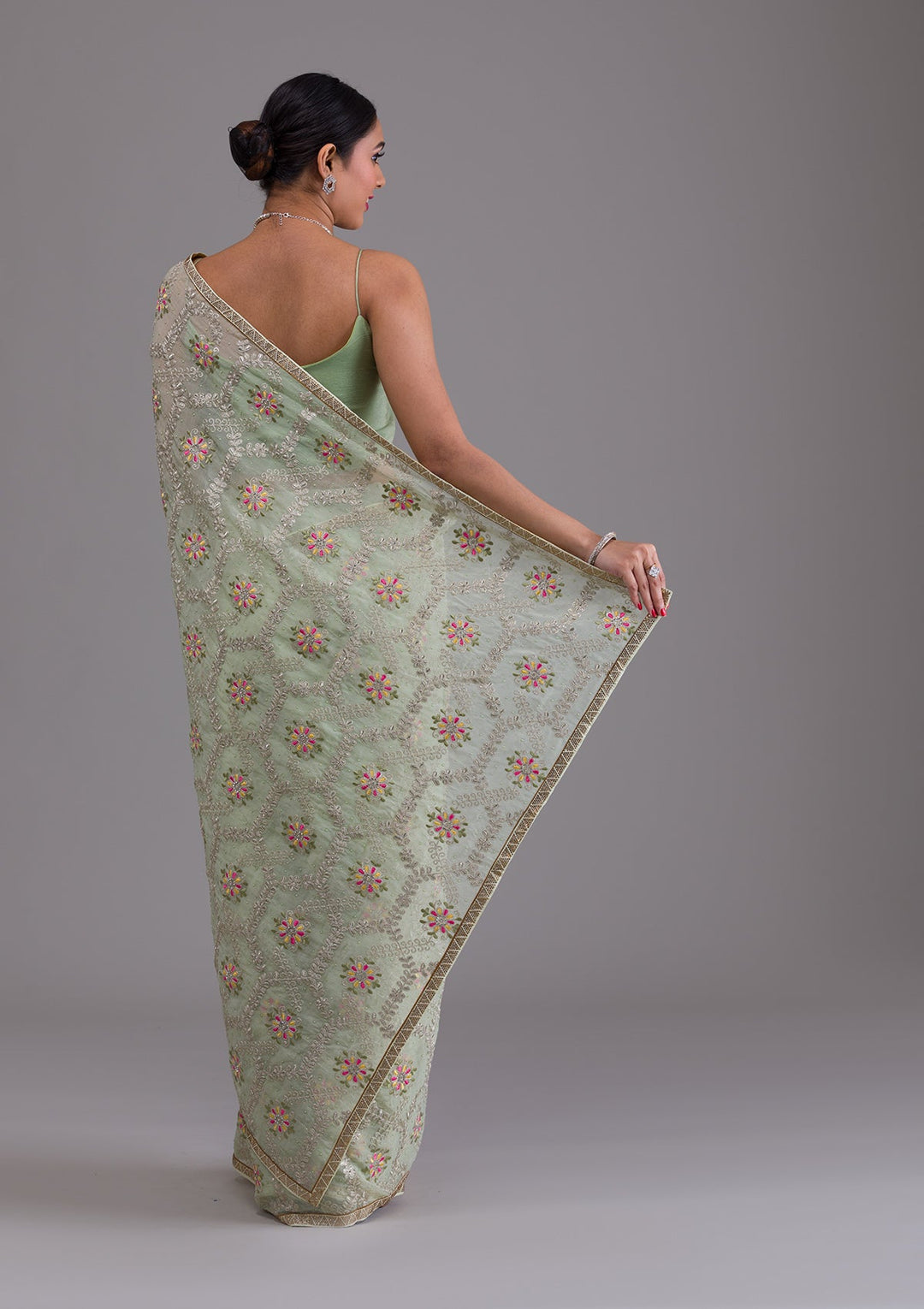 Pista Green Threadwork Georgette Saree-Koskii