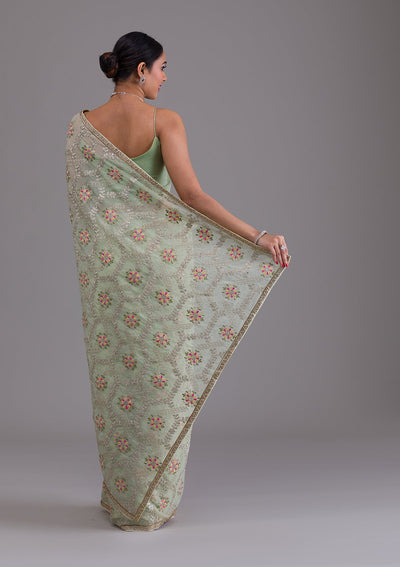 Pista Green Threadwork Georgette Saree-Koskii