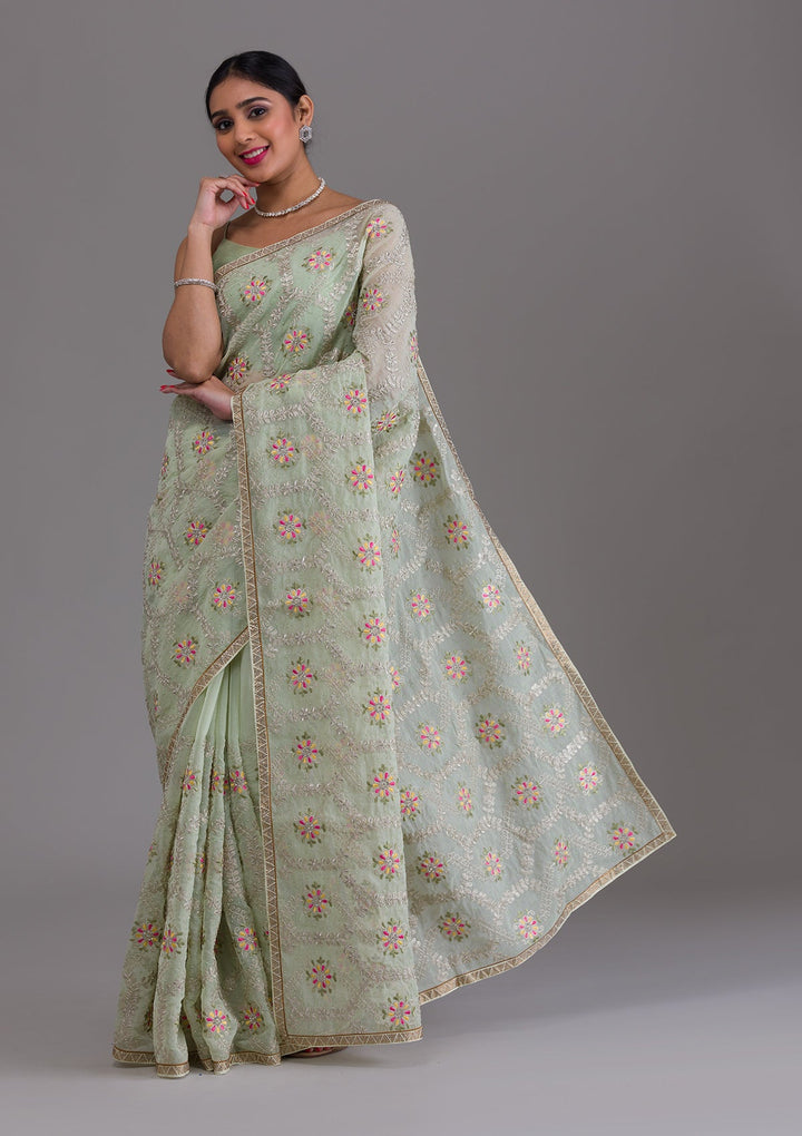 Pista Green Threadwork Georgette Saree-Koskii