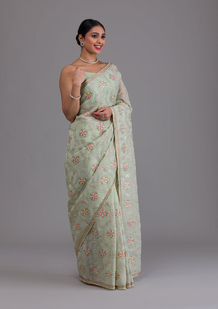 Pista Green Threadwork Georgette Saree-Koskii