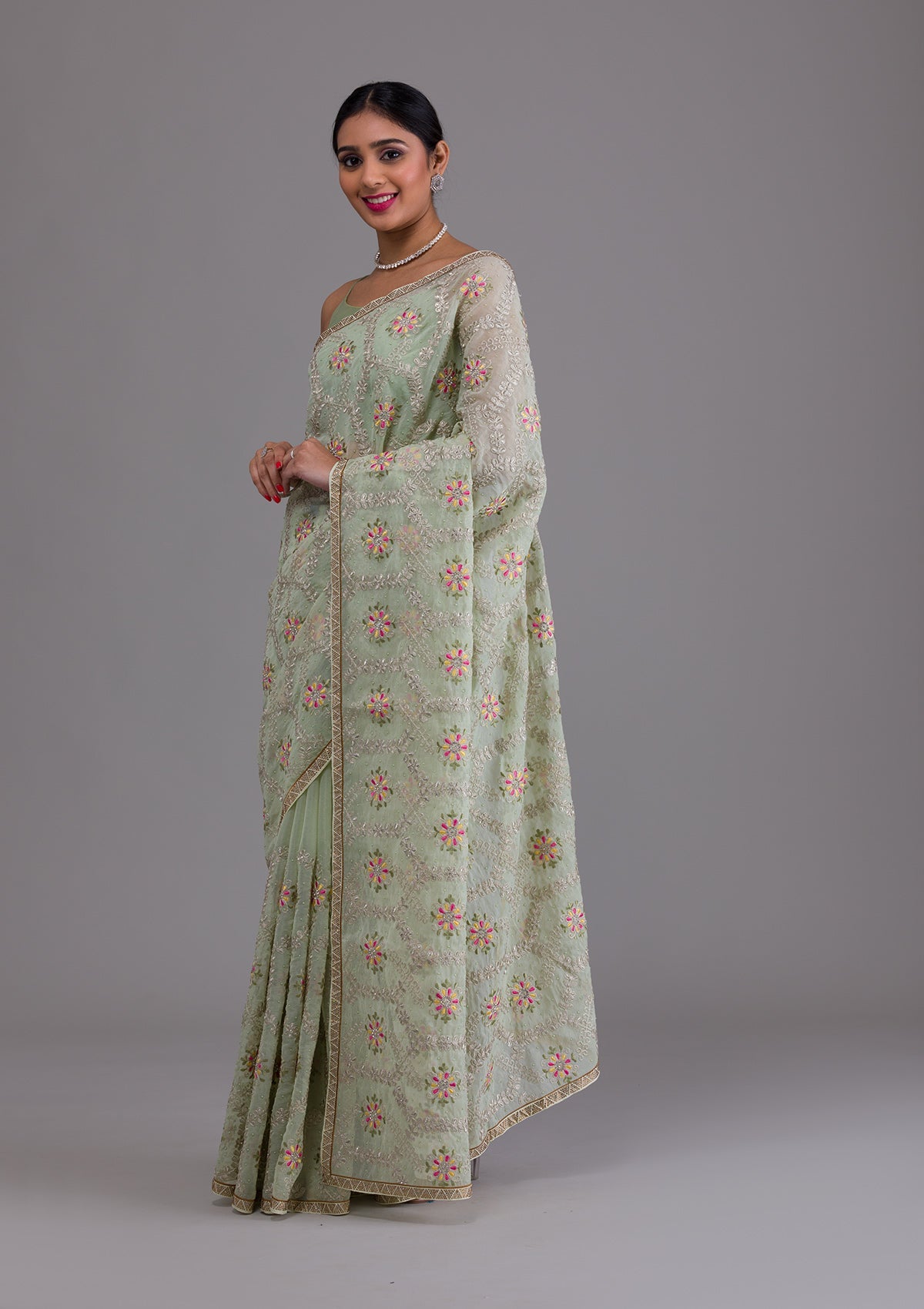 Pista Green Threadwork Georgette Saree-Koskii