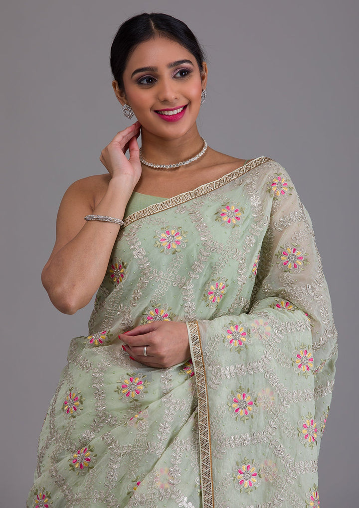 Pista Green Threadwork Georgette Saree-Koskii