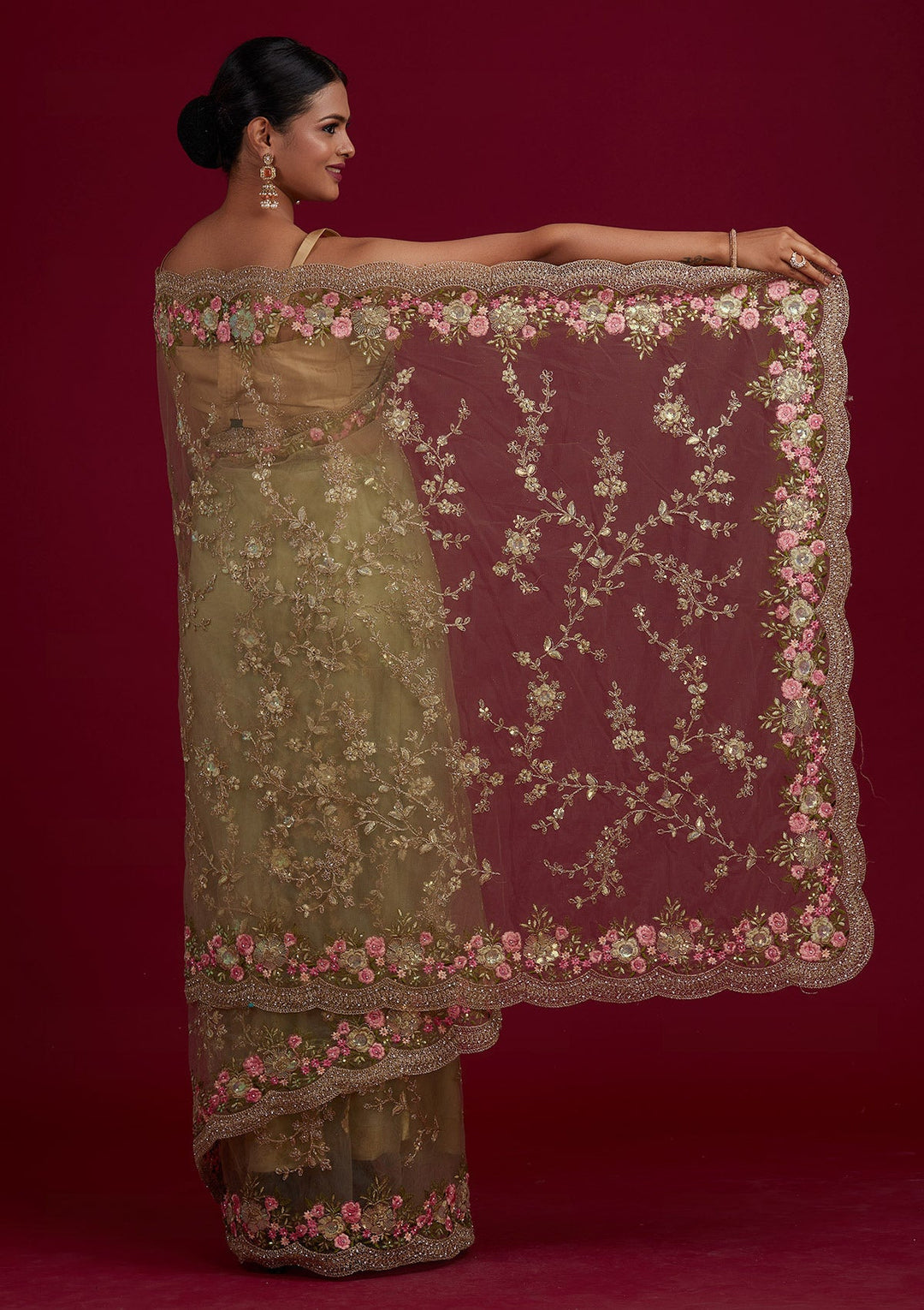 Pista Green Threadwork Net Saree-Koskii