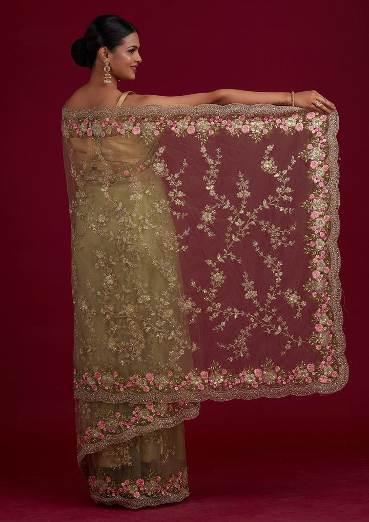 Pista Green Threadwork Net Saree-Koskii