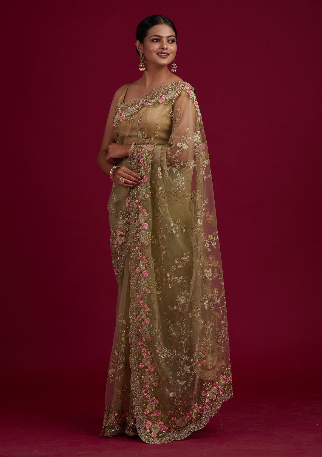 Pista Green Threadwork Net Saree-Koskii