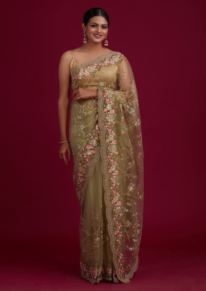 Pista Green Threadwork Net Saree-Koskii