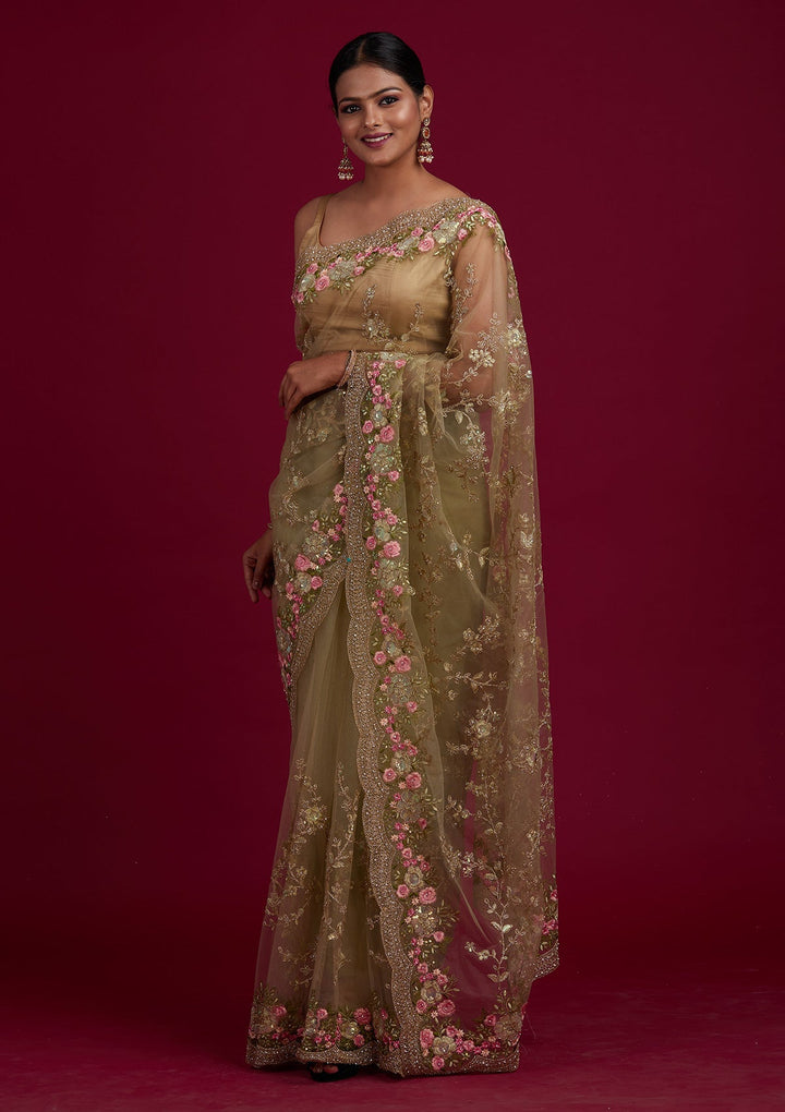 Pista Green Threadwork Net Saree-Koskii