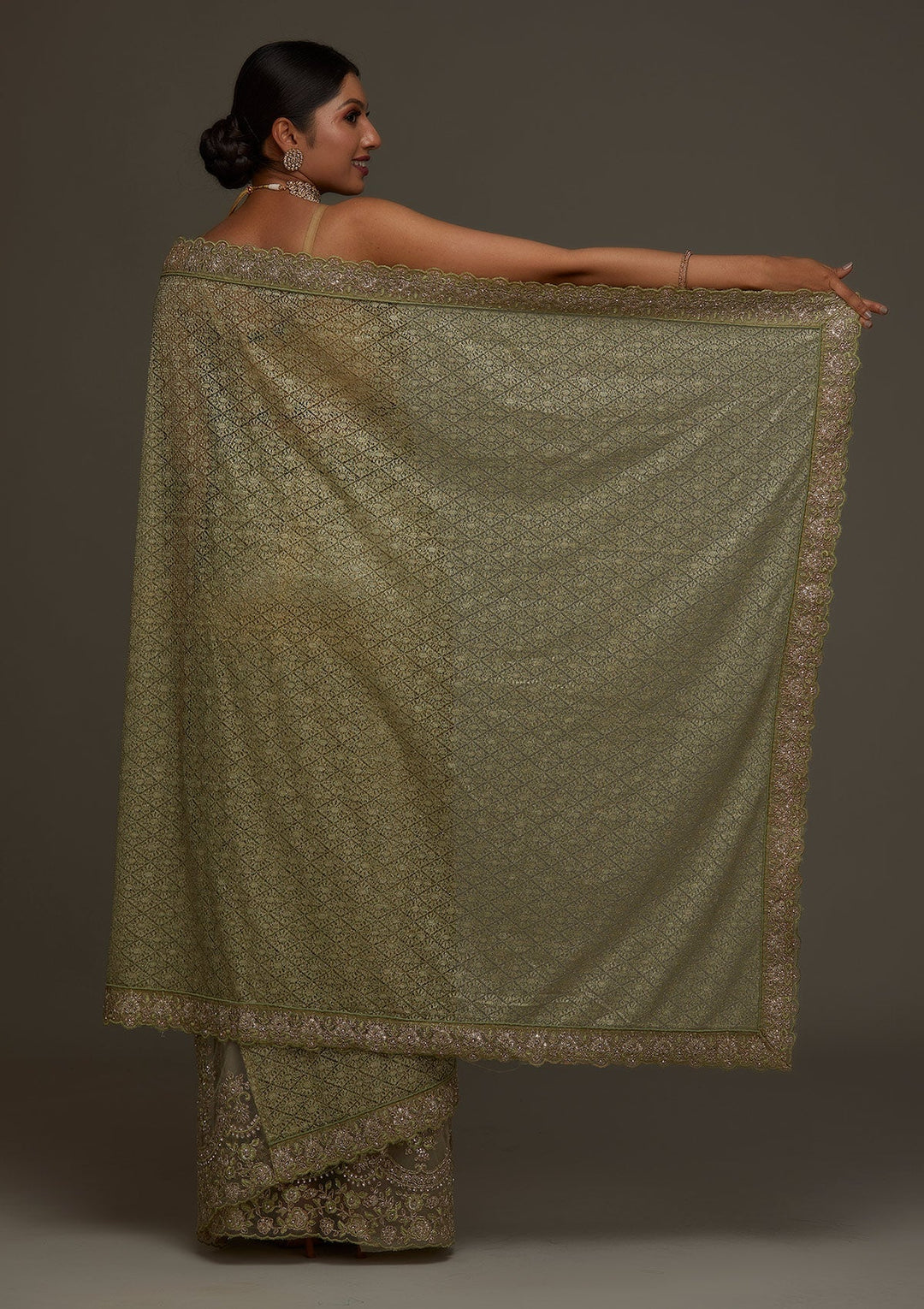 Pista Green Threadwork Net Designer Saree - Koskii