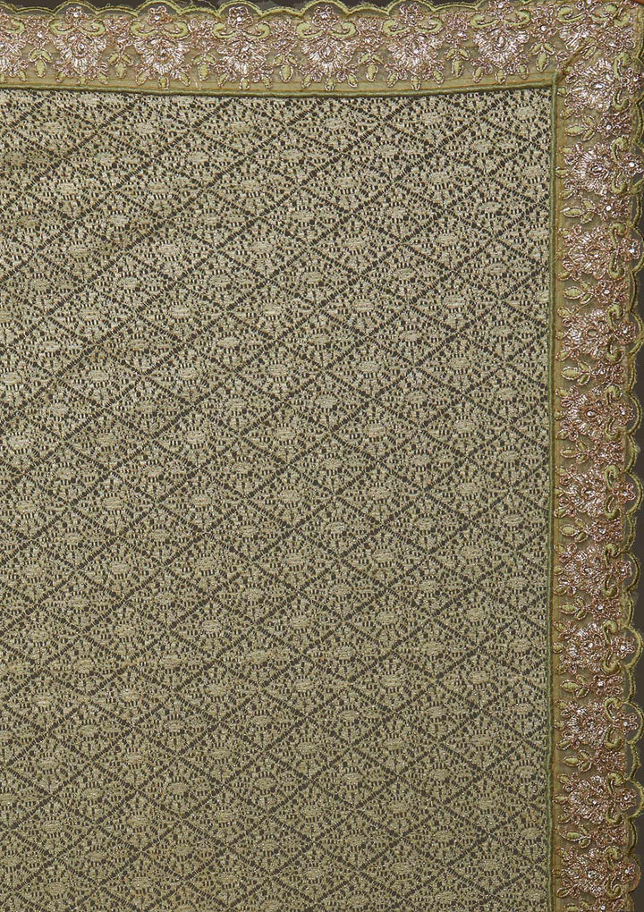 Pista Green Threadwork Net Designer Saree - Koskii