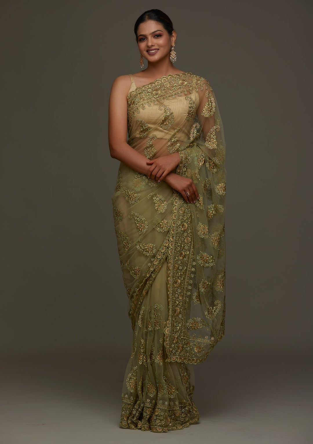 Pista Green Threadwork Net Designer Saree- Koskii