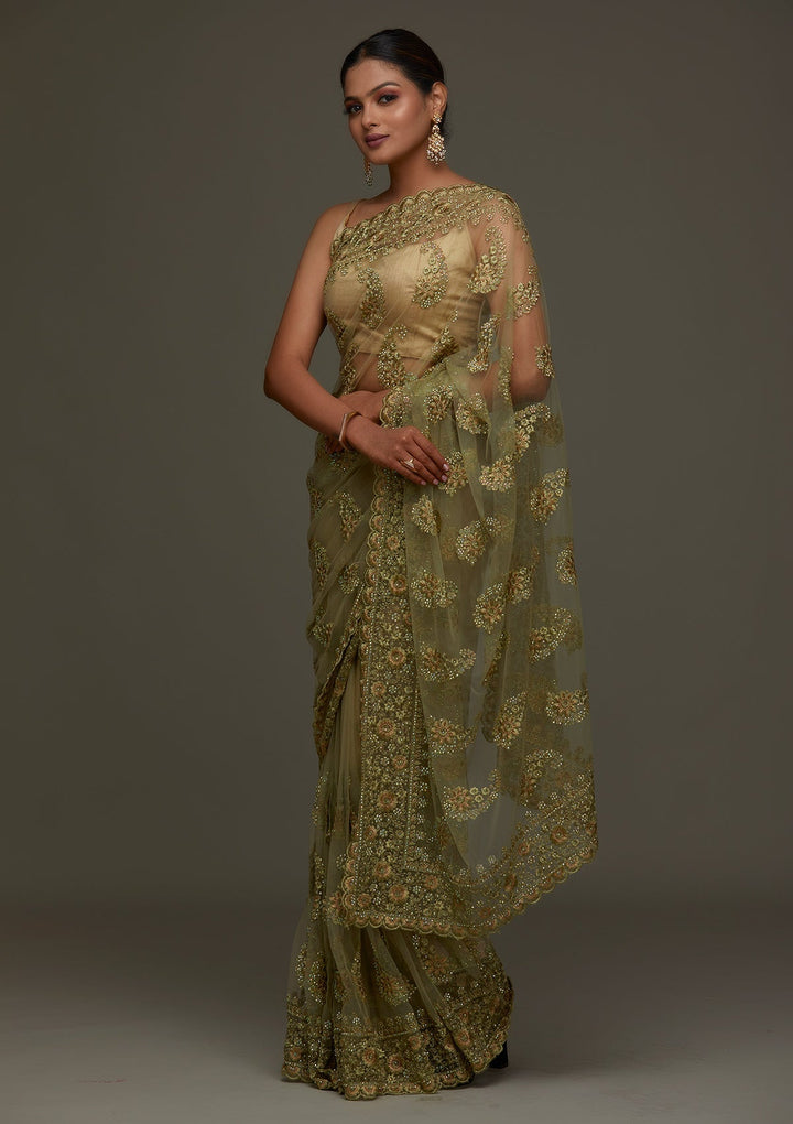 Pista Green Threadwork Net Designer Saree - Koskii