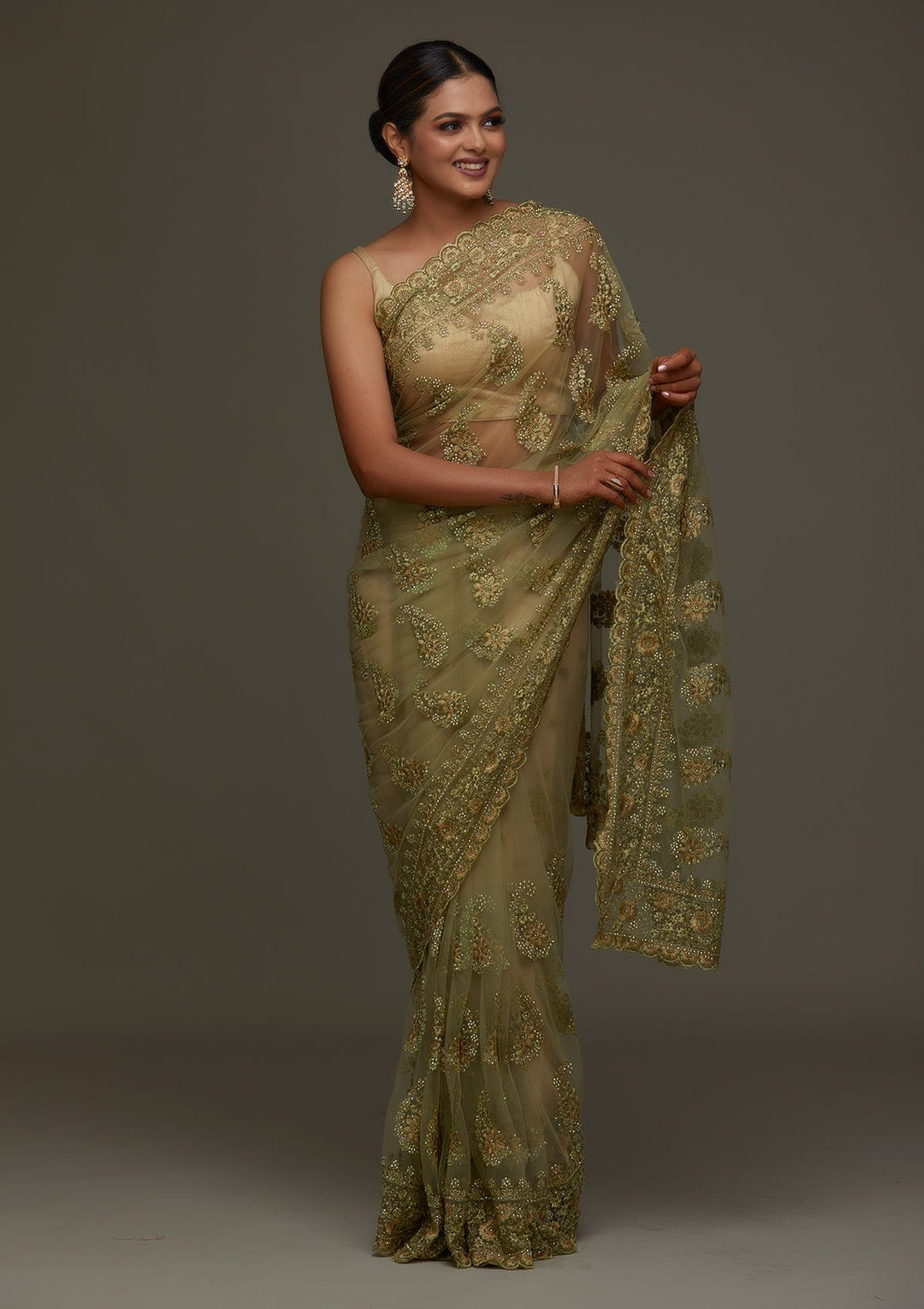 Pista Green Threadwork Net Designer Saree - Koskii