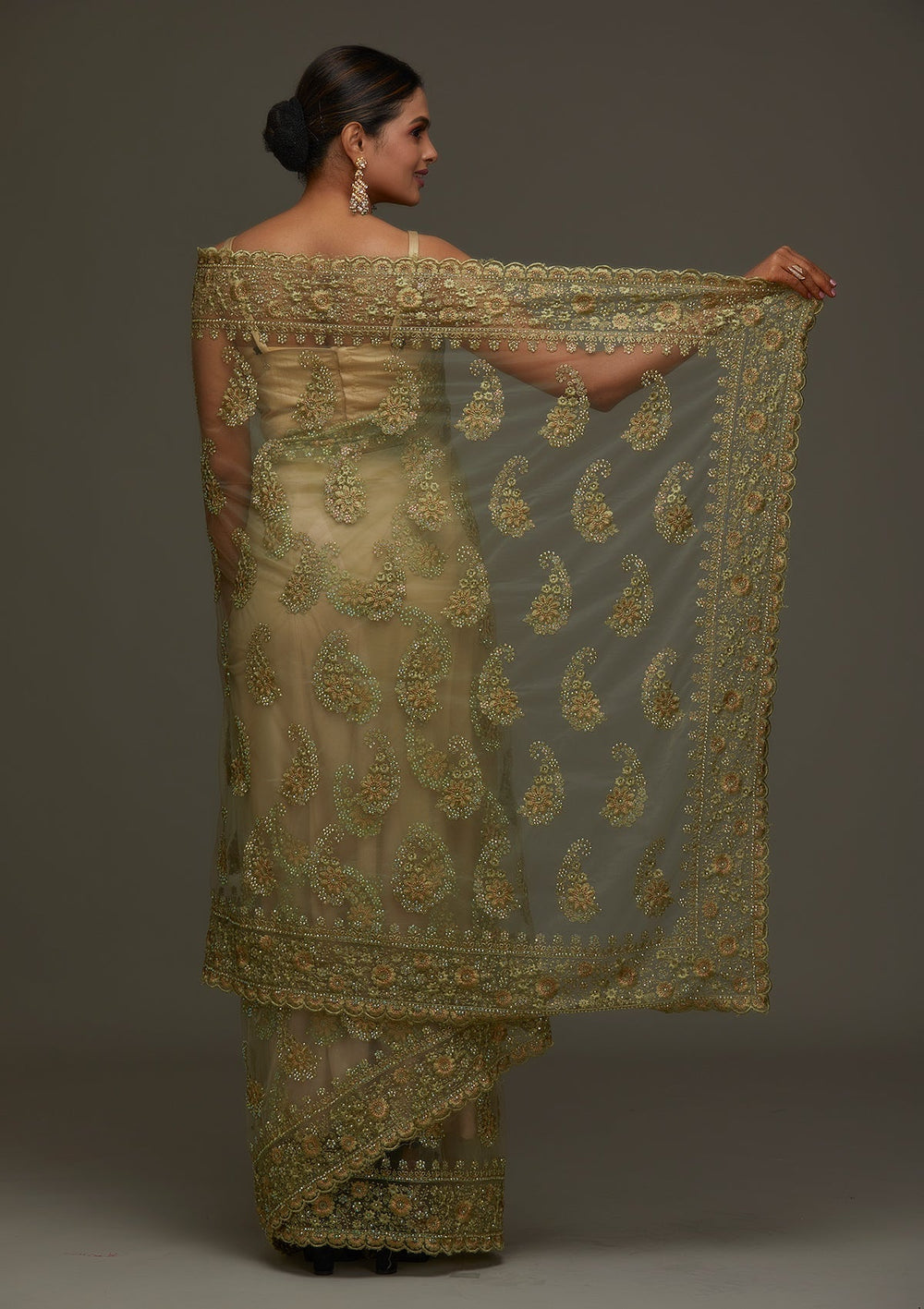 Pista Green Threadwork Net Designer Saree - Koskii