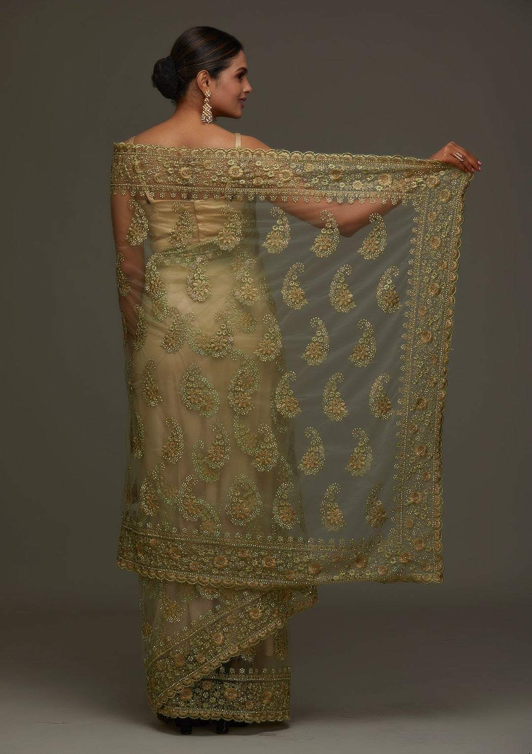 Pista Green Threadwork Net Designer Saree - Koskii