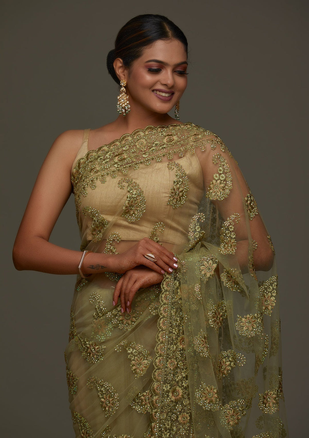 Pista Green Threadwork Net Designer Saree - Koskii