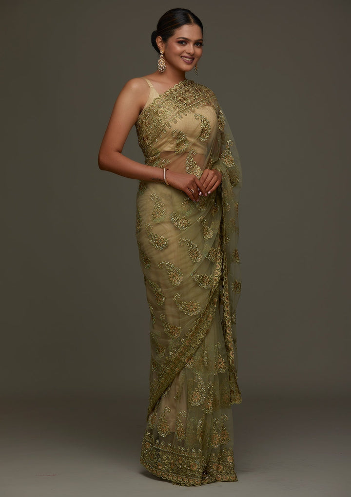 Pista Green Threadwork Net Designer Saree - Koskii