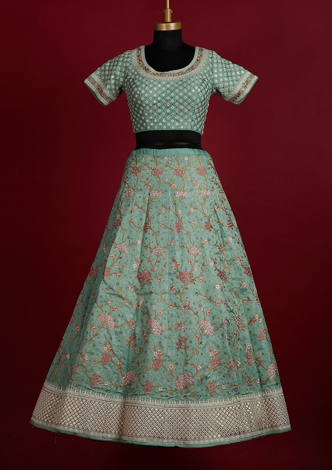 Pista Green Threadwork Raw Silk Designer Lehenga - Koskii