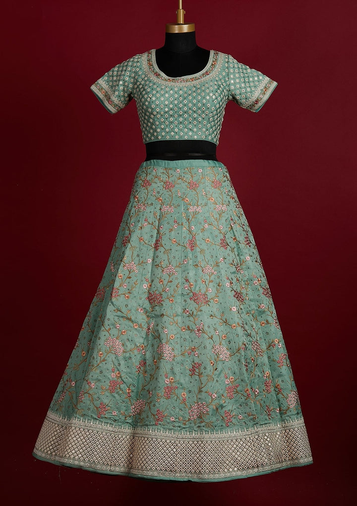Pista Green Threadwork Raw Silk Designer Lehenga - Koskii