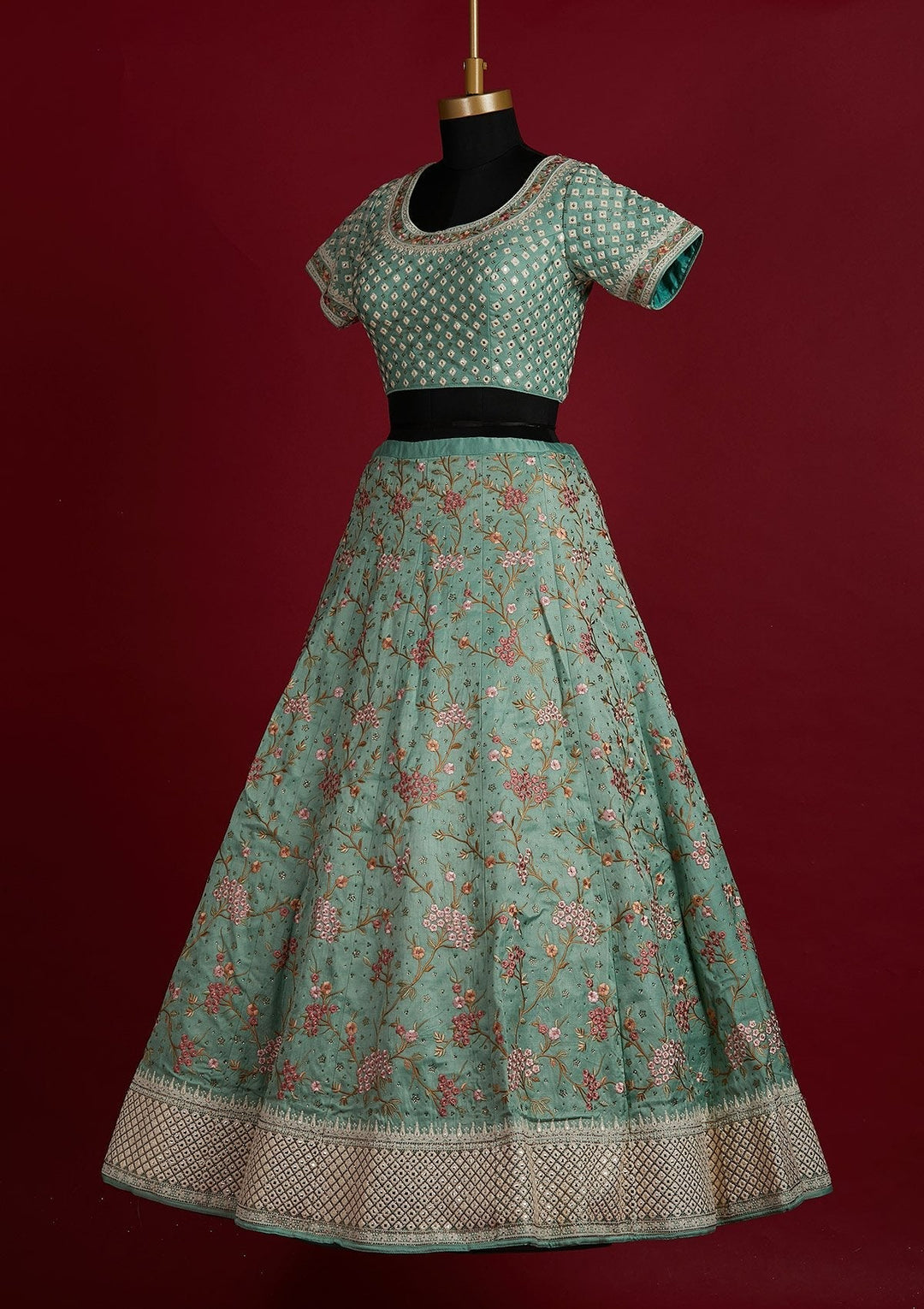 Pista Green Threadwork Raw Silk Designer Lehenga - Koskii