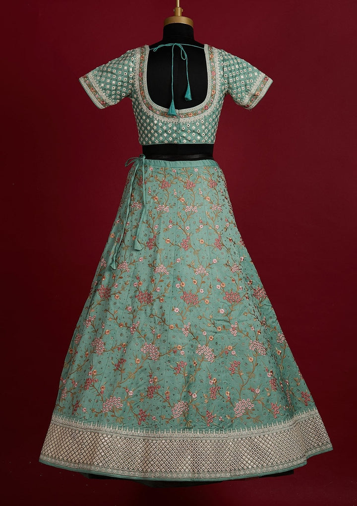 Pista Green Threadwork Raw Silk Designer Lehenga - Koskii