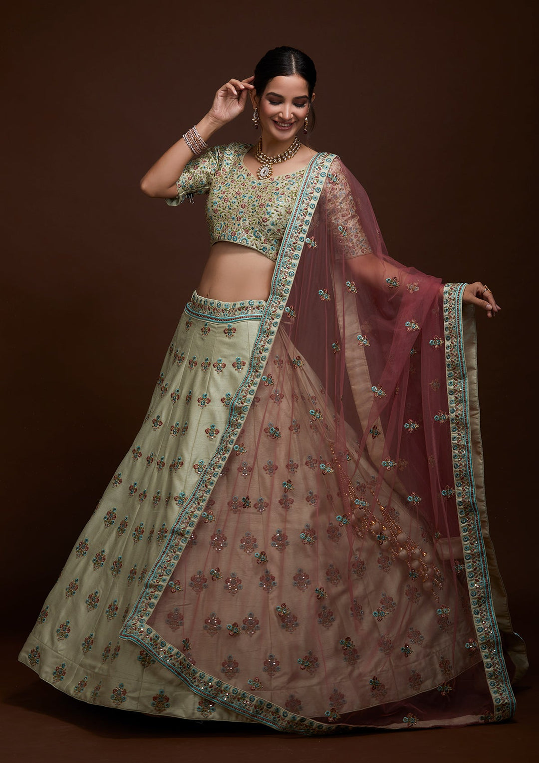 Pista Green Threadwork Raw Silk Lehenga-Koskii