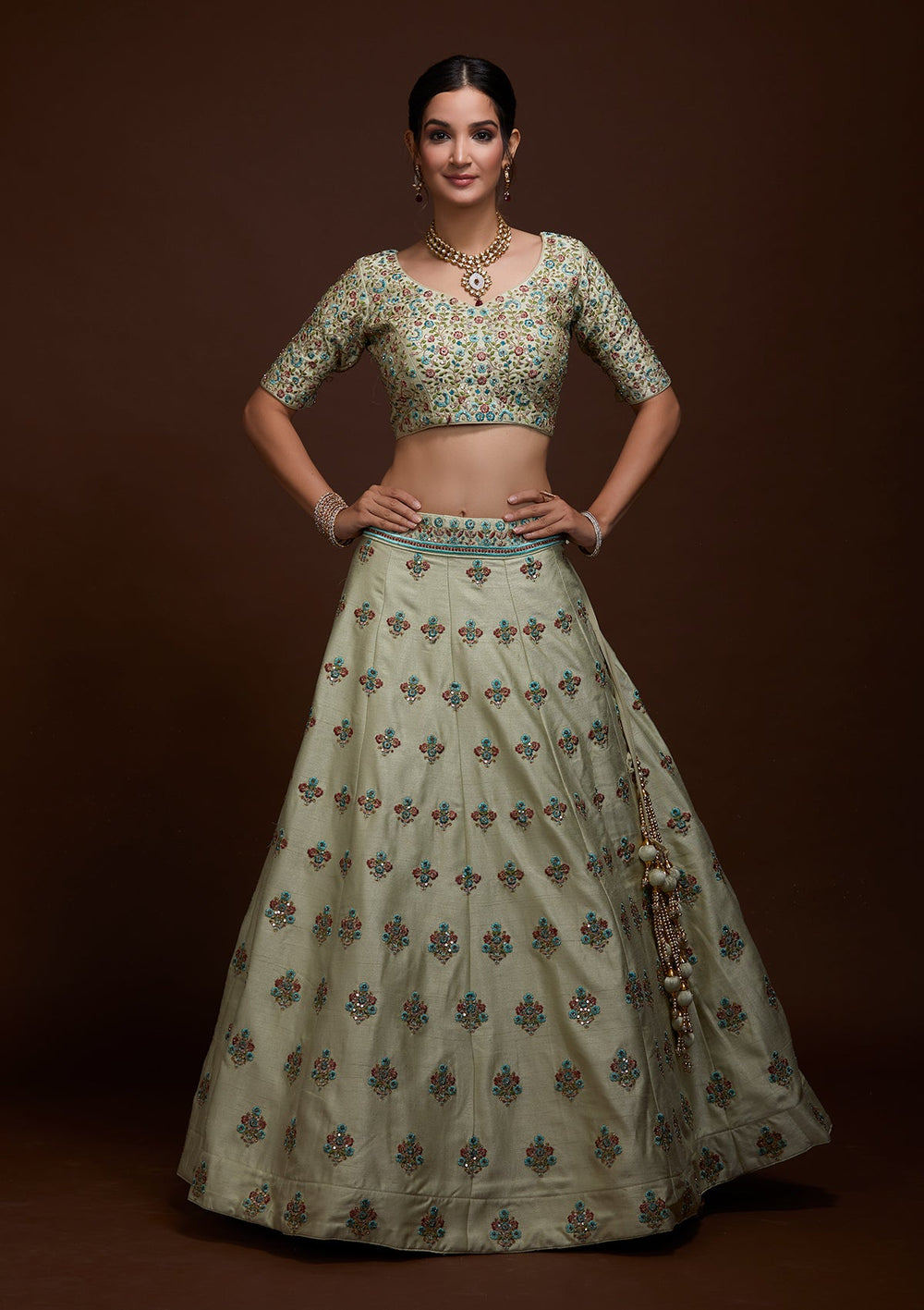 Pista Green Threadwork Raw Silk Lehenga-Koskii