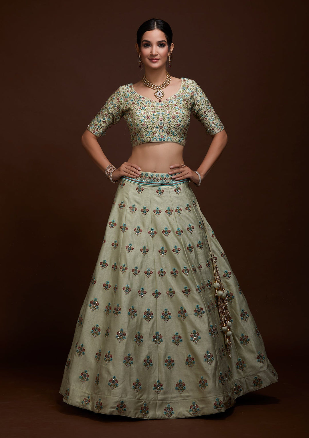 Pista Green Threadwork Raw Silk Lehenga-Koskii