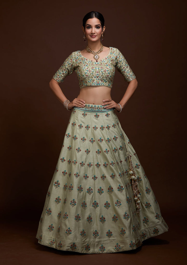 Pista Green Threadwork Raw Silk Lehenga-Koskii