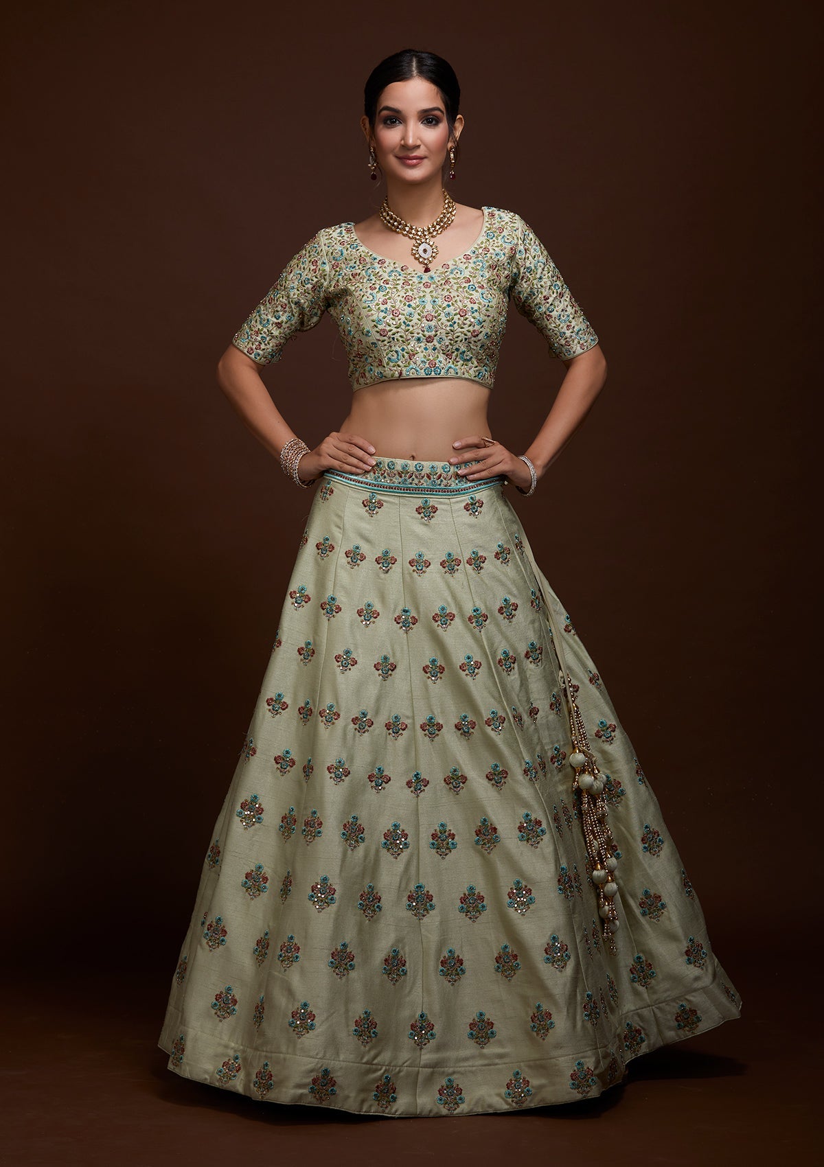 Pista Green Threadwork Raw Silk Lehenga-Koskii