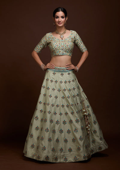 Pista Green Threadwork Raw Silk Lehenga-Koskii