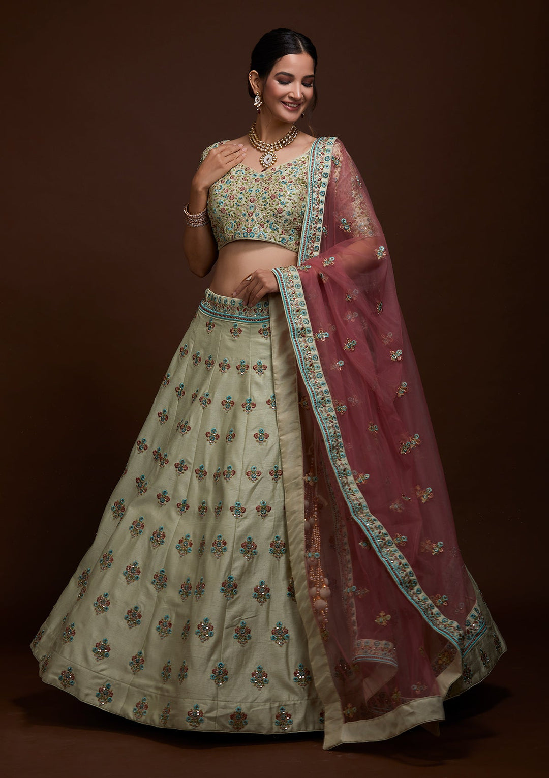 Pista Green Threadwork Raw Silk Lehenga-Koskii