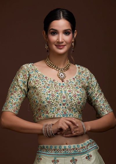 Pista Green Threadwork Raw Silk Lehenga-Koskii