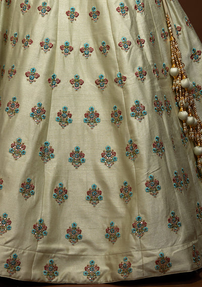 Pista Green Threadwork Raw Silk Lehenga-Koskii
